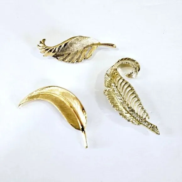 Vintage Set of 3 Gold Tone Rhinestone Signed Gerry's Leaf Themed Brooches Pins - Picture 1 of 12